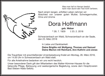 Traueranzeige von Dora Hofmann von Frankenpost