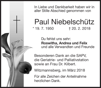 Traueranzeige von Paul Niebelschütz von Neue Presse Coburg