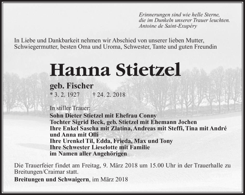  Traueranzeige für Hanna Stietzel vom 06.03.2018 aus Südthüringer Presse