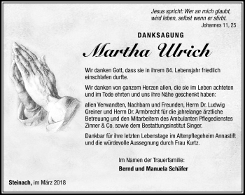 Traueranzeige von Martha Ulrich von Südthüringer Presse