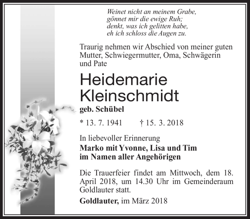  Traueranzeige für Heidemarie Kleinschmidt vom 24.03.2018 aus Südthüringer Presse