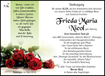 Traueranzeige von Frieda Nicol von Südthüringer Presse