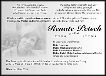 Traueranzeige von Renate Petsch von Südthüringer Presse