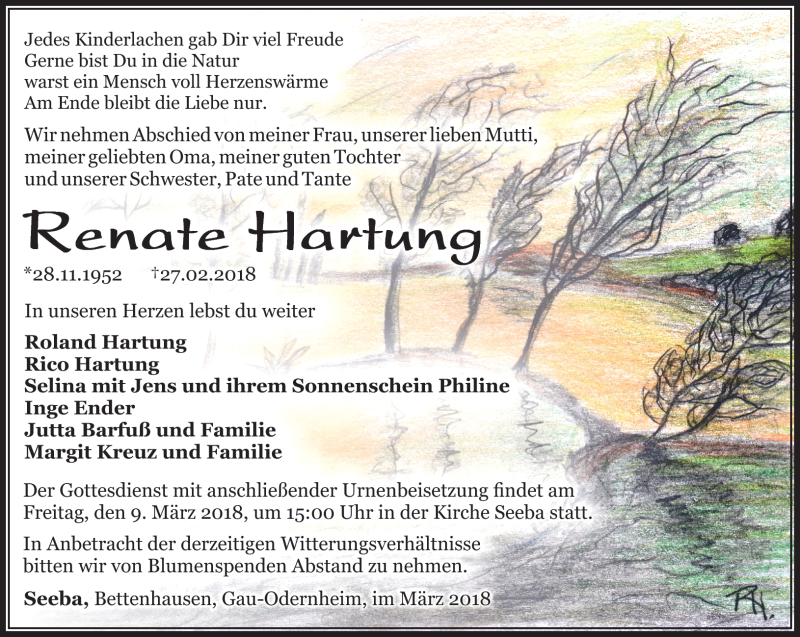  Traueranzeige für Renate Hartung vom 06.03.2018 aus Südthüringer Presse