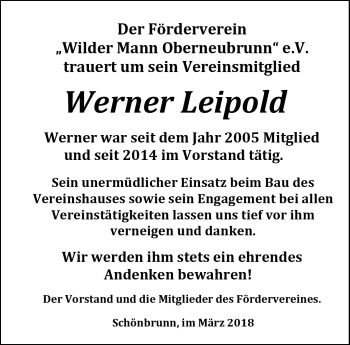 Traueranzeige von Werner Leipold von Südthüringer Presse