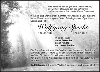 Traueranzeige von Wolfgang Specht von Südthüringer Presse
