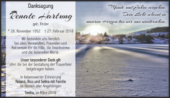 Traueranzeige von Renate Hartung von Südthüringer Presse