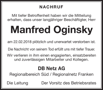 Traueranzeige von Manfred Oginsky von Südthüringer Presse
