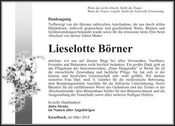 Traueranzeige von Lieselotte Börner von Südthüringer Presse