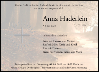 Traueranzeige von Anna Haderlein von Neue Presse Coburg