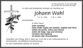 Traueranzeige von Johann Wahl von Frankenpost