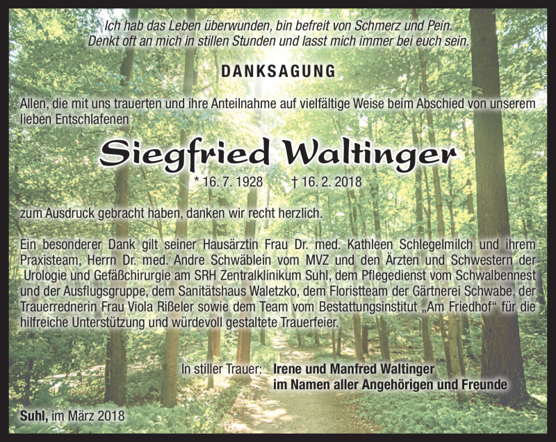 Traueranzeige für Siegfried Waltinger vom 03.03.2018 aus Südthüringer Presse