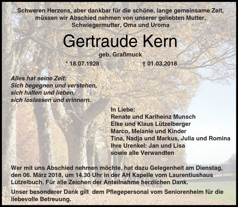  Traueranzeige für Gertraude Korn vom 03.03.2018 aus Neue Presse Coburg