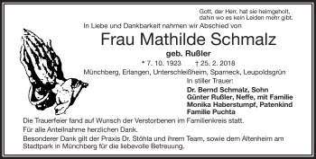 Traueranzeige von Mathilde Schmalz von Frankenpost