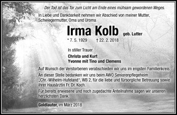 Traueranzeige von Irma Kolb von Südthüringer Presse