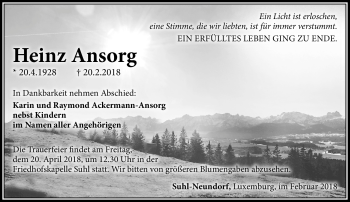 Traueranzeige von Heinz Ansorg von Südthüringer Presse