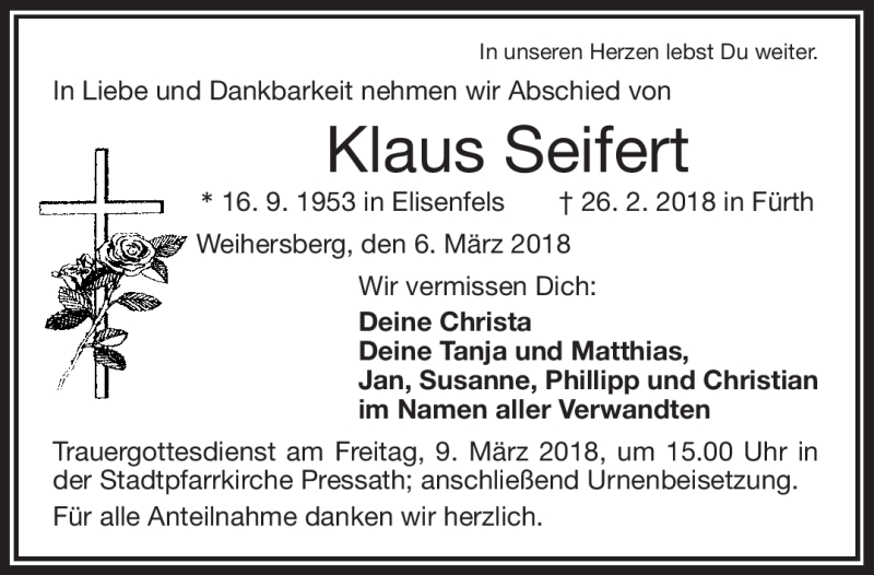  Traueranzeige für Klaus Seifert vom 06.03.2018 aus Frankenpost