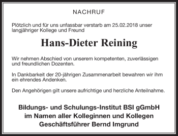 Traueranzeige von Hans-Dieter Reining von Südthüringer Presse