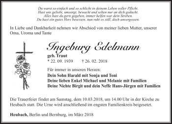 Traueranzeige von Ingeburg Edelmann von Südthüringer Presse