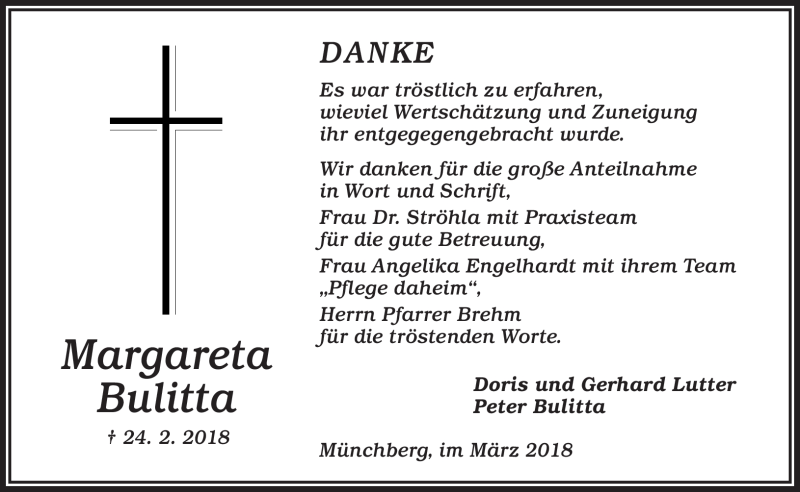  Traueranzeige für Margareta Bulitta vom 17.03.2018 aus Frankenpost