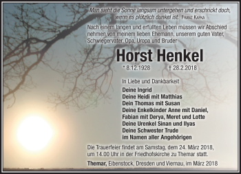 Traueranzeige von Horst Henkel von Südthüringer Presse