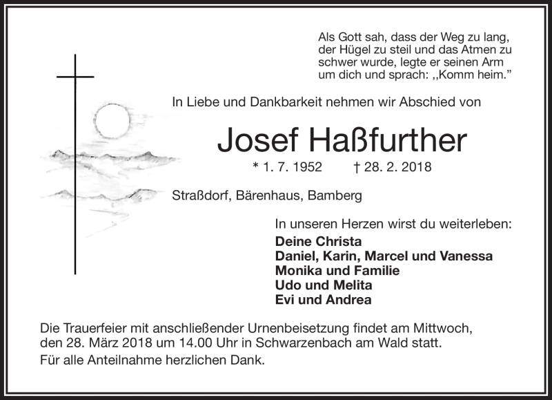  Traueranzeige für Josef Haßfurther vom 23.03.2018 aus Frankenpost