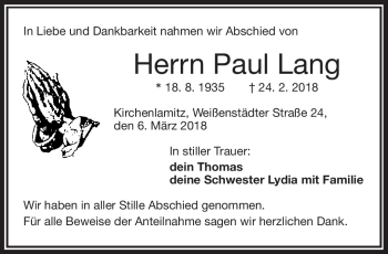 Traueranzeige von Paul Lang von Frankenpost