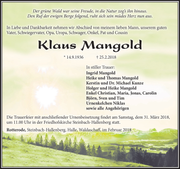Traueranzeige von Klaus Mangold von Südthüringer Presse