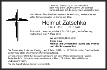 Traueranzeige von Helmut Zatschka von Frankenpost