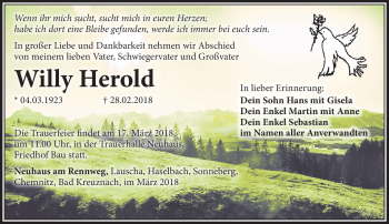 Traueranzeige von Willy Herold von Südthüringer Presse