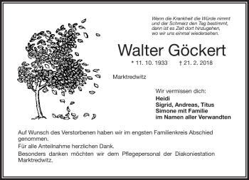 Traueranzeige von Walter Göckert von Frankenpost