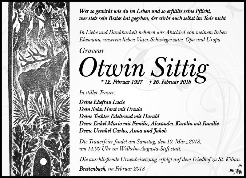  Traueranzeige für Otwin Sittig vom 03.03.2018 aus Südthüringer Presse