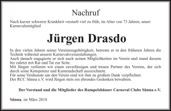 Traueranzeige von Jürgen Drasdo von Südthüringer Presse