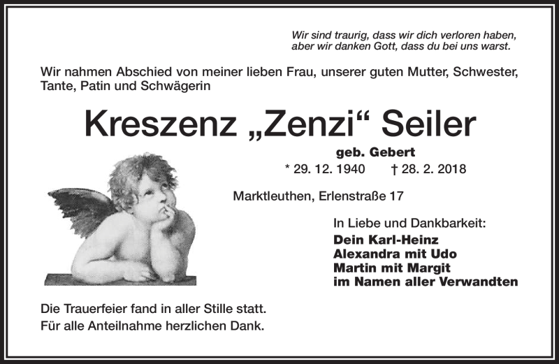  Traueranzeige für Kreszenz Seiler vom 07.03.2018 aus Frankenpost