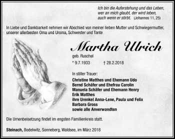 Traueranzeige von Martha Ulrich von Südthüringer Presse