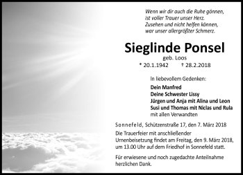 Traueranzeige von Sieglinde Ponsel von Neue Presse Coburg