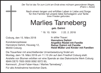 Traueranzeige von Marlies Tanneberg von Neue Presse Coburg