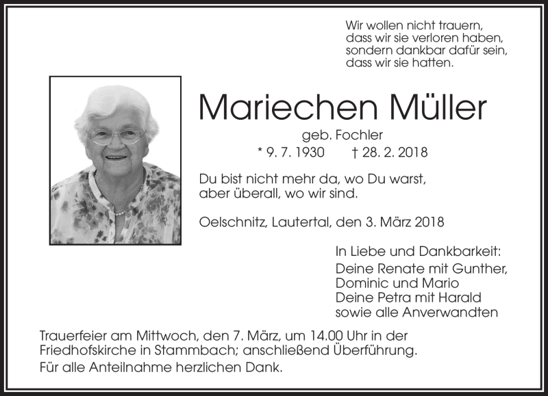  Traueranzeige für Mariechen Müller vom 03.03.2018 aus Frankenpost