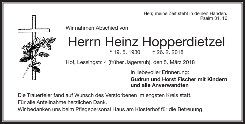  Traueranzeige für Heinz Hopperdietzel vom 05.03.2018 aus Frankenpost