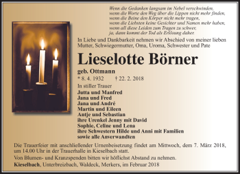 Traueranzeige von Lieselotte Börner von Südthüringer Presse