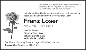 Traueranzeige von Franz Löser von Südthüringer Presse