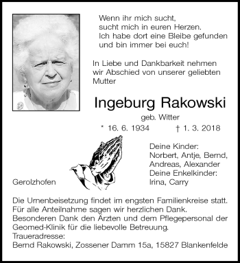 Traueranzeige von Ingeburg Rakowski von Südthüringer Presse