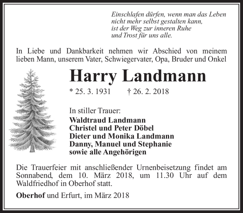  Traueranzeige für Harry Landmann vom 07.03.2018 aus Südthüringer Presse