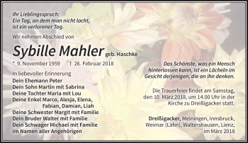 Traueranzeige von Sybille Mahler von Südthüringer Presse