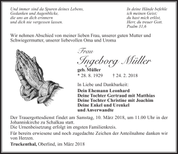 Traueranzeige von Ingeborg Müller von Südthüringer Presse