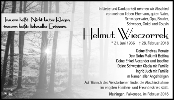Traueranzeige von Helmut Wieczorrek von Südthüringer Presse