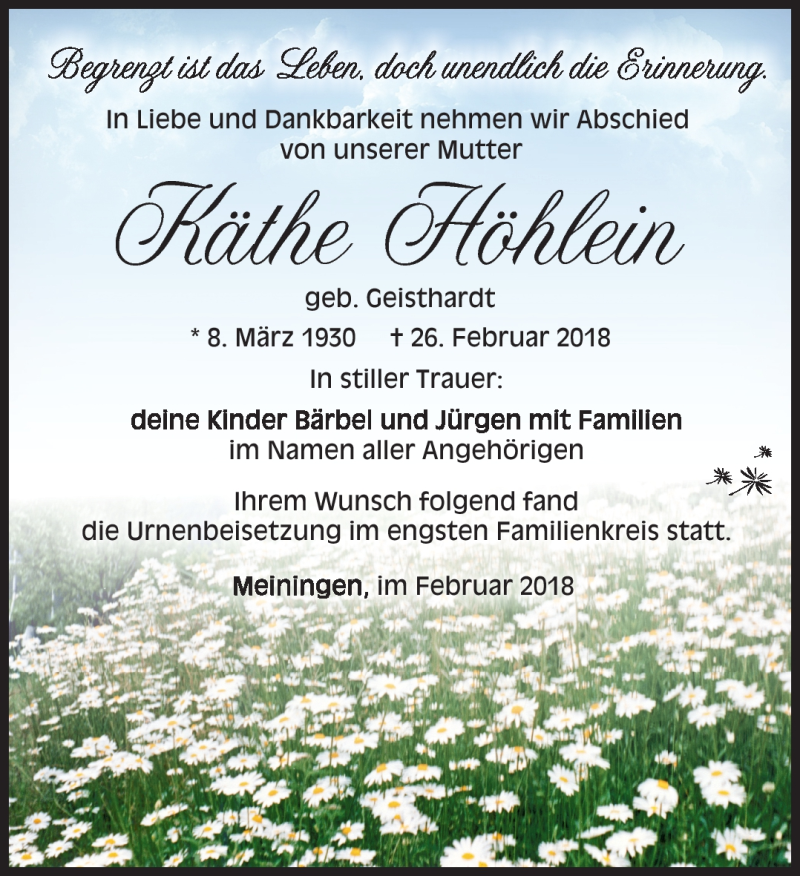  Traueranzeige für Käthe Höhlein vom 07.03.2018 aus Südthüringer Presse