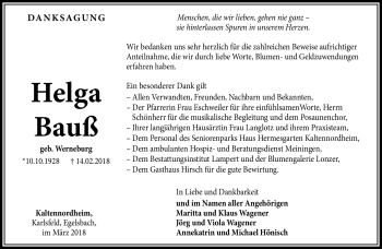 Traueranzeige von Helga Bauß von Südthüringer Presse