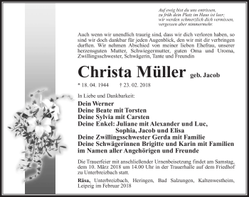 Traueranzeige von Christa Müller von Südthüringer Presse