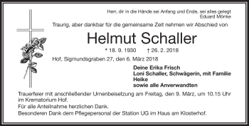 Traueranzeige von Helmut Schaller von Frankenpost